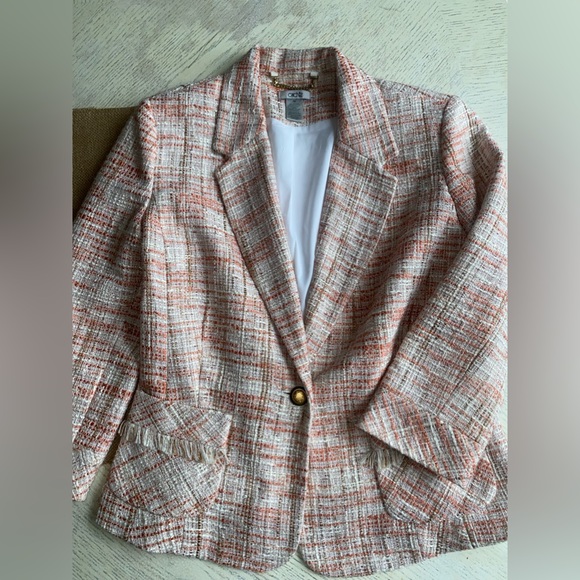 CACHE Women's Tweed Blazer Jacket Size 10” casual 3/4 sleeve Pink/orange/white - Picture 7 of 14